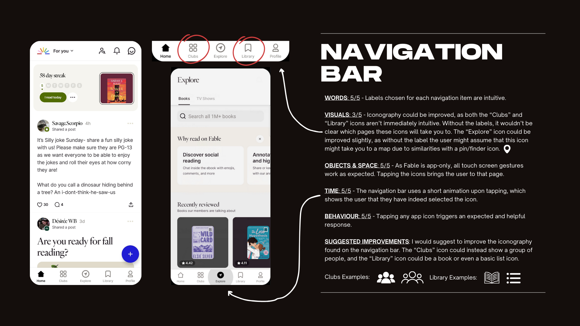 A slideshow image showing the navigation bar analysis for reading app Fable.